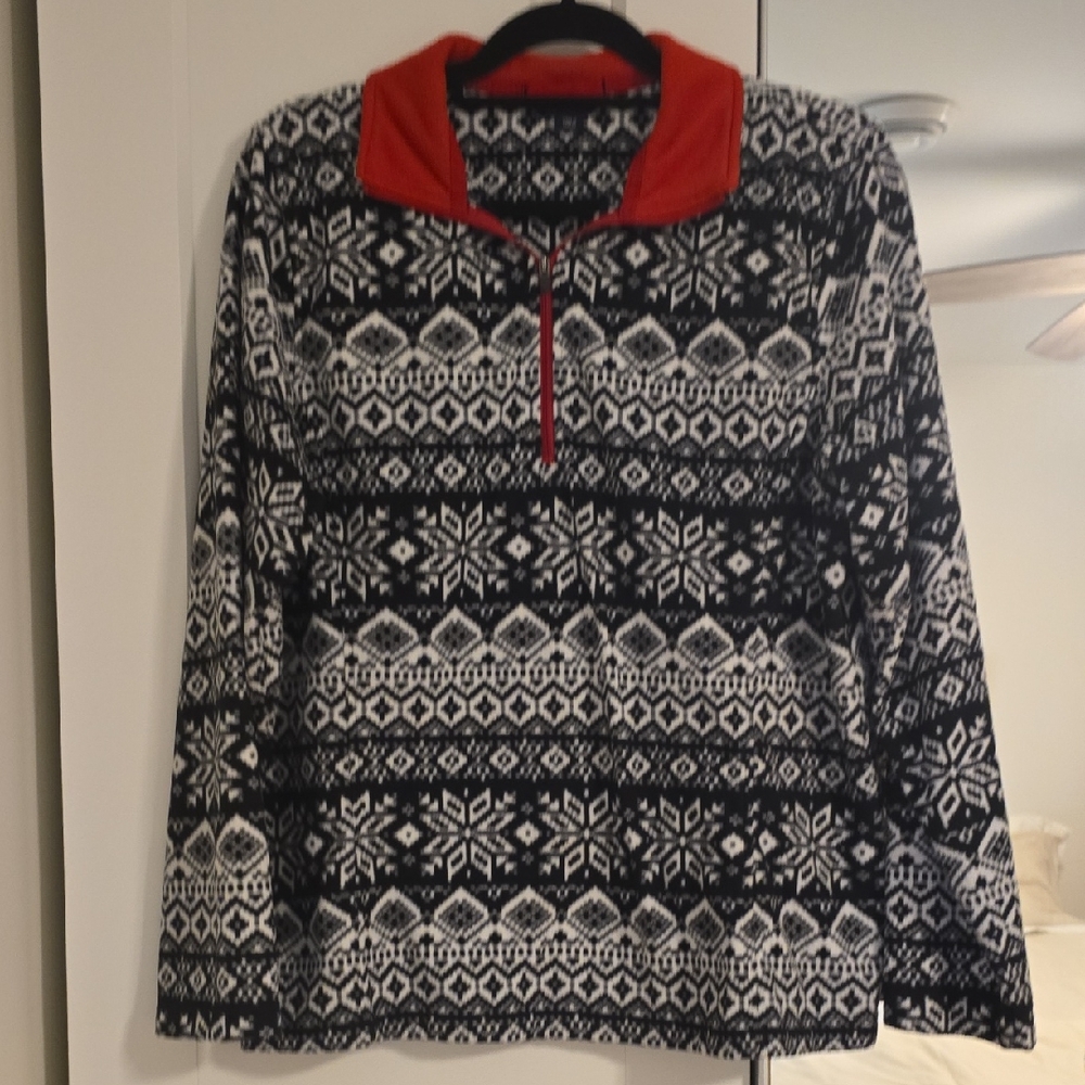 Lands' End Red Collar Black and White Patterned Pullover Size L 14-16